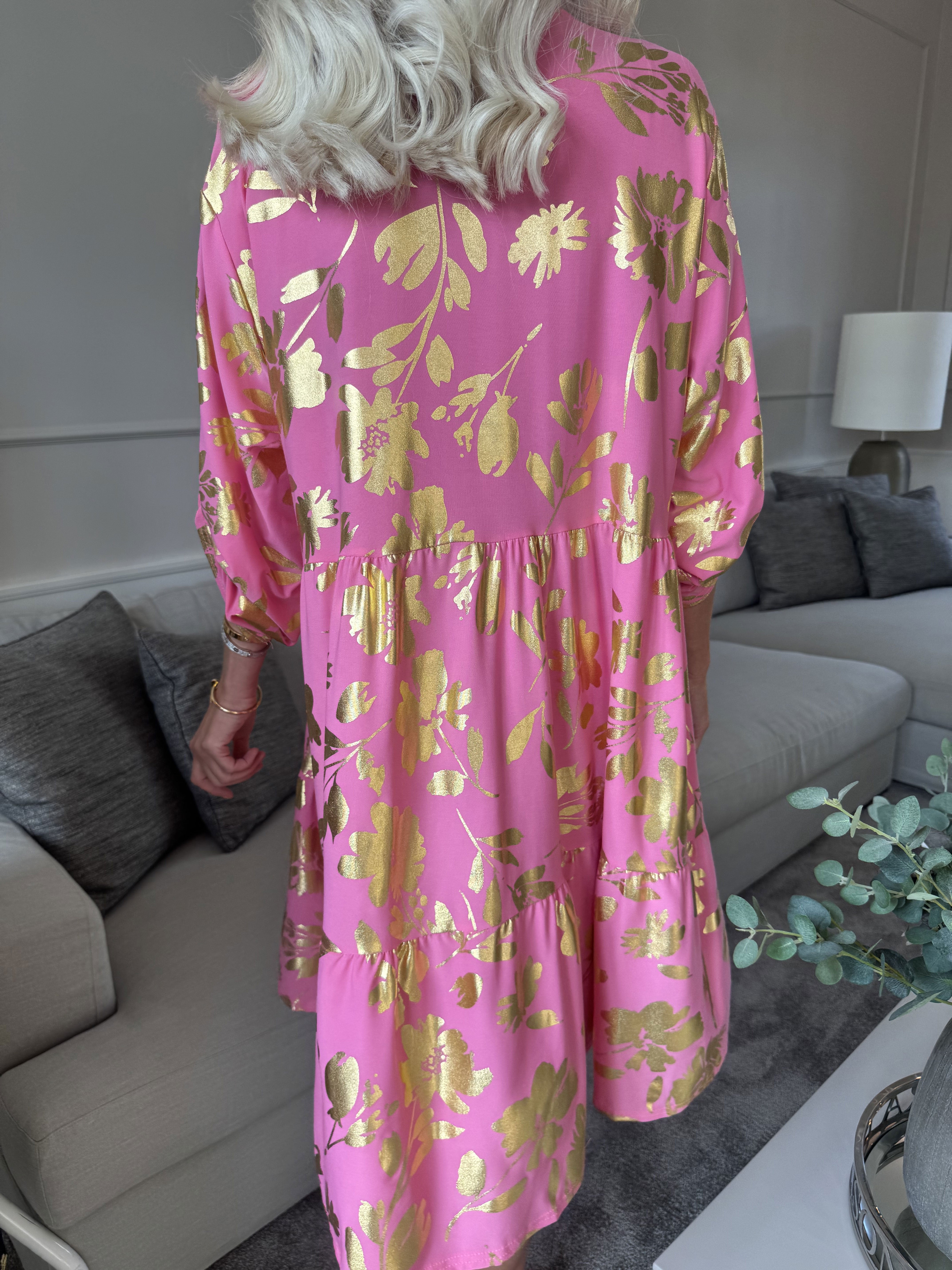 Milano Gold Flower Midi - Klänning med guldblad och lager-på-lager-look